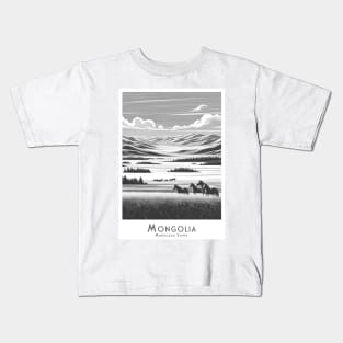 Serene Mongolian Steppes - Horses in Mongolia - black and white Kids T-Shirt